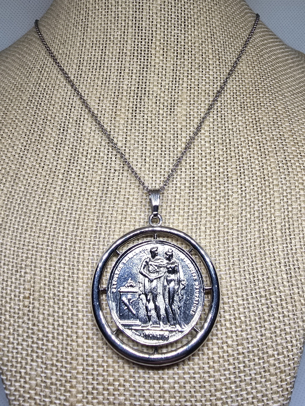 Vintage Monet Roman Coin Pendant Necklace Silvertone Greek Goddess Medallion